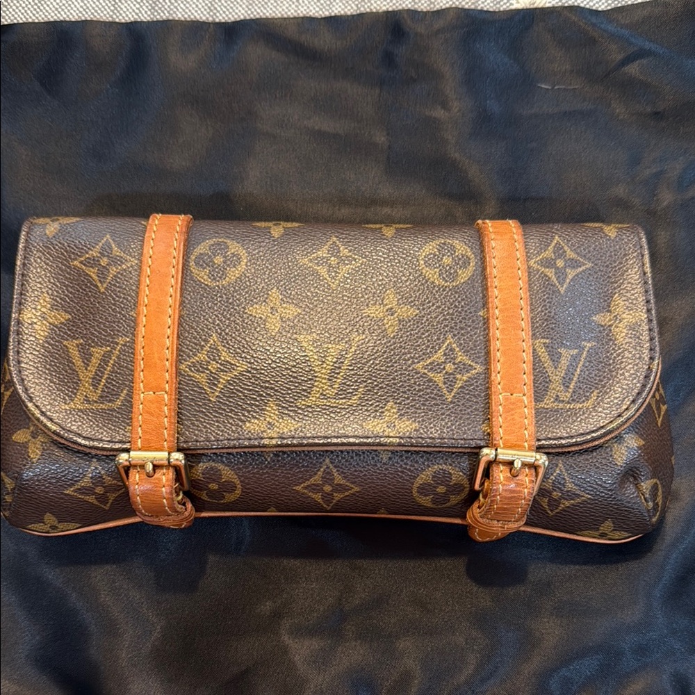 Louis Vuitton Brown Monogram Clutch with Tan Straps